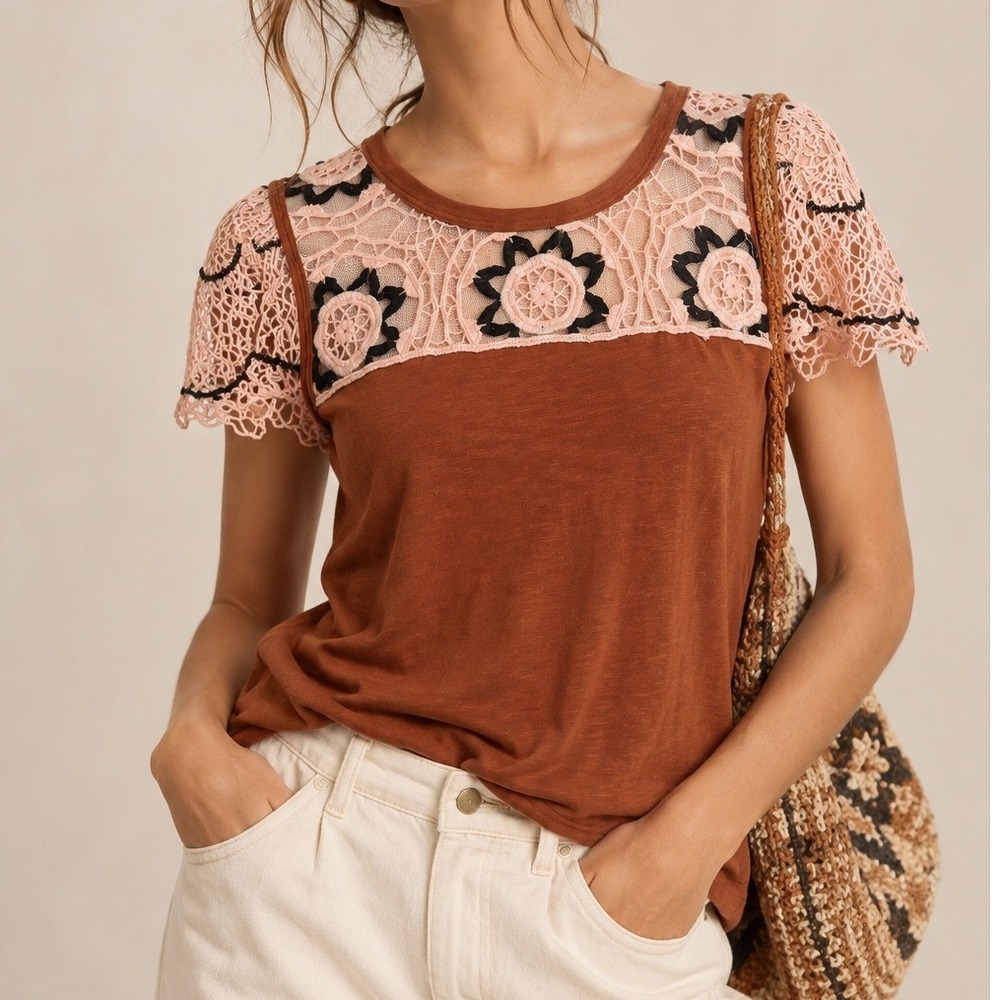 Anthropologie Womens Crochet Lace Flutter Sleeve Top Cotton Burnt Orange Medium